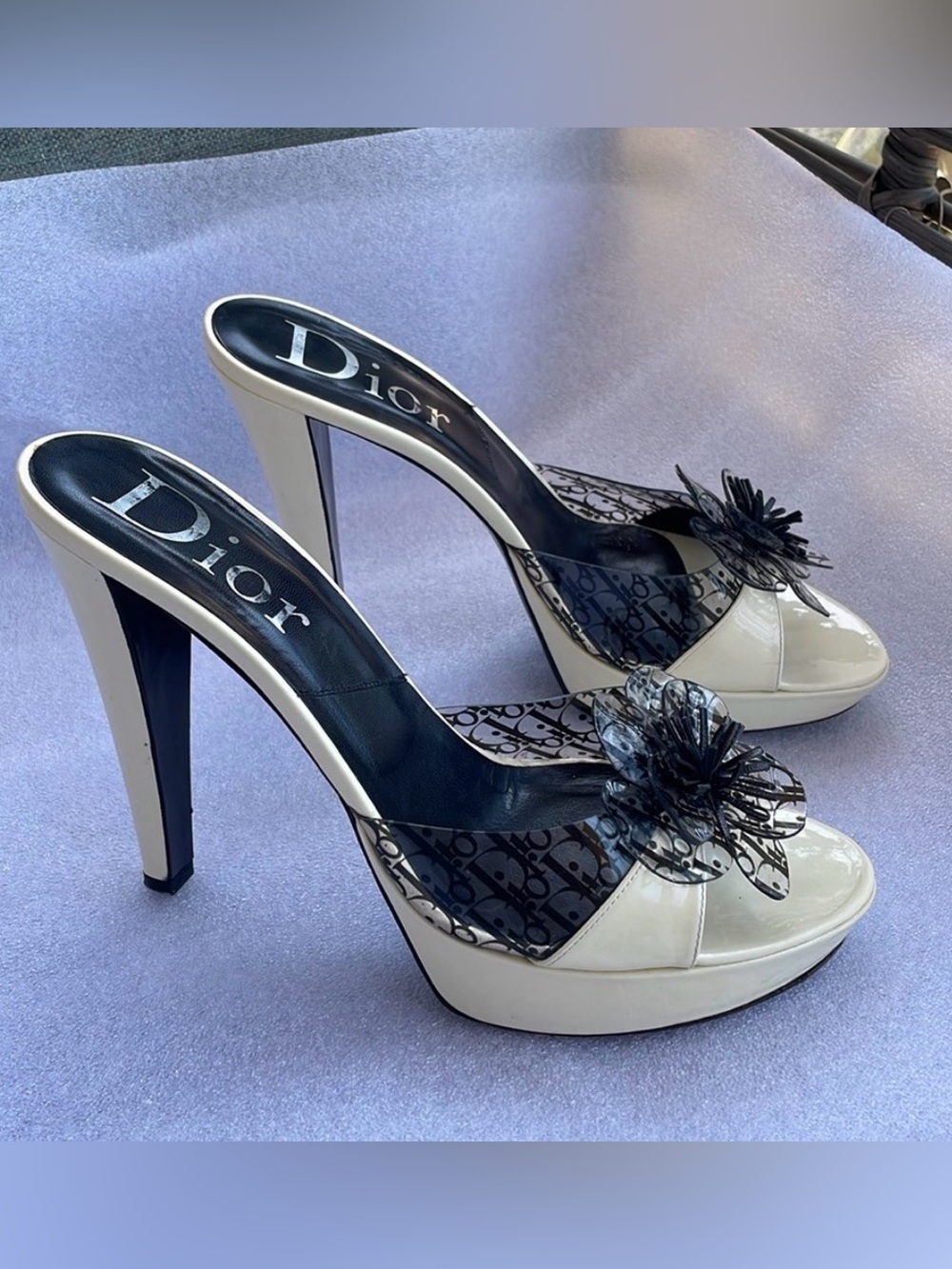 Christian Dior Patent Leather Beach Trotter Mules w/ Dior Flower accents